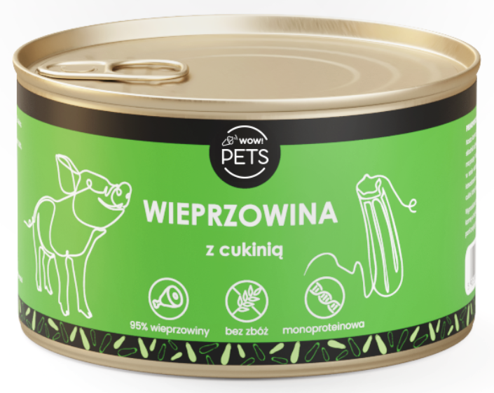 WOW!Pets Karma mokra PSY Monobiałkowa WIEPRZOWINA Cukinia 95% mięsa 410 g