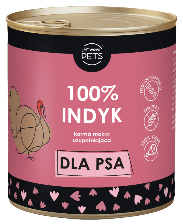 WOW!Pets Karma mokra uzupełniająca PSY Monobiałkowa INDYK 100% mięsa 850g