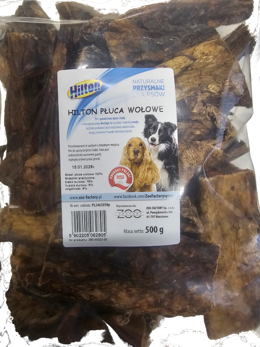 Hilton Płuca Wołowe Suszone 500g Przysmak Dla Psa Dobre Źródło Probiotyków