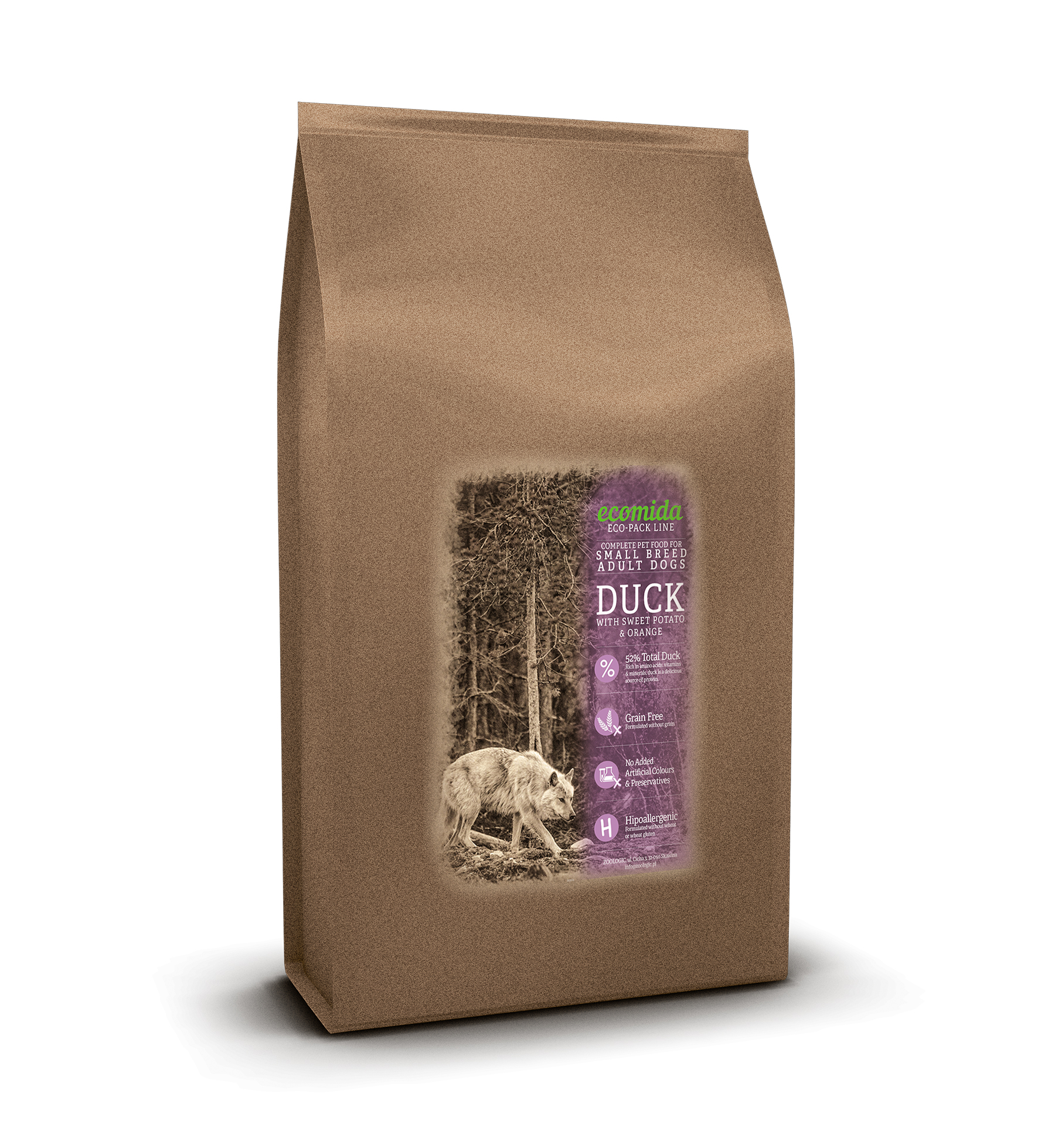NA WAGĘ Ecomida- Monob. Hypo. Bez zbóż Kaczka 500g -pies dorosły rasa mała  DGF