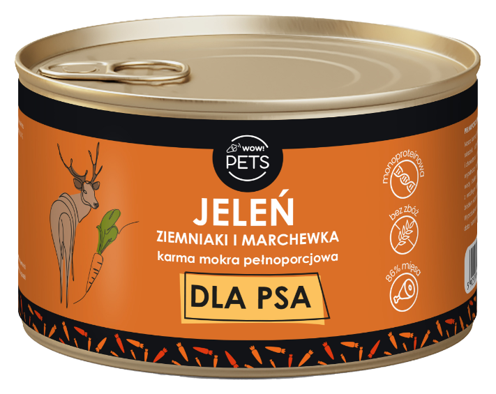WOW!Pets Karma mokra PSY Monobiałkowa JELEŃ Ziemniak Marchew 86% mięsa 410g