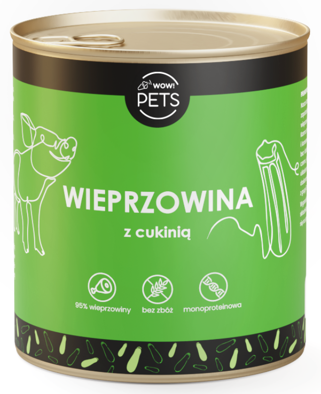 WOW!Pets Karma mokra PSY Monobiałkowa WIEPRZOWINA Cukinia 95% mięsa 850 g