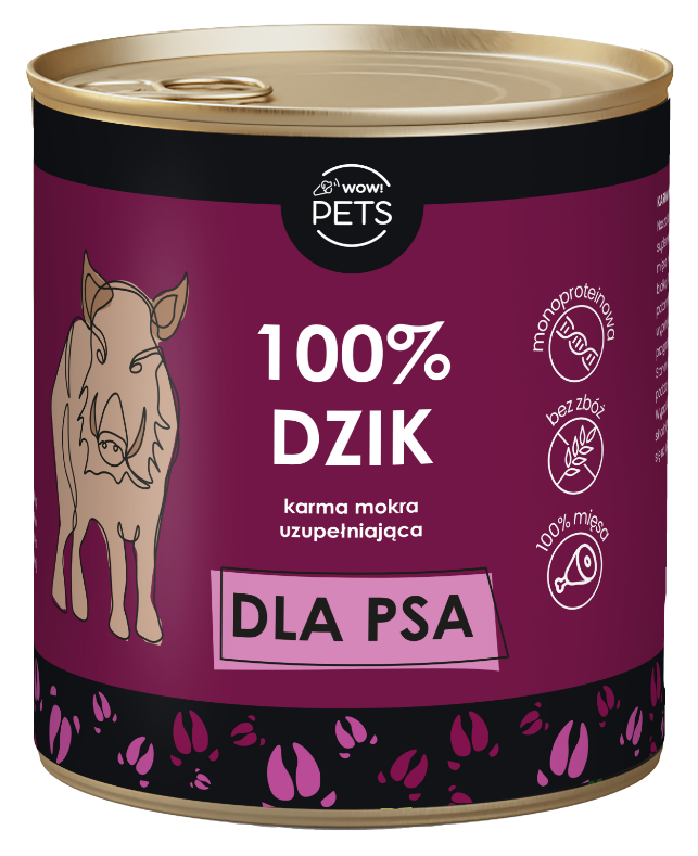 WOW!Pets Karma mokra uzupełniająca PSY Monobiałkowa DZIK 100% mięsa 850g