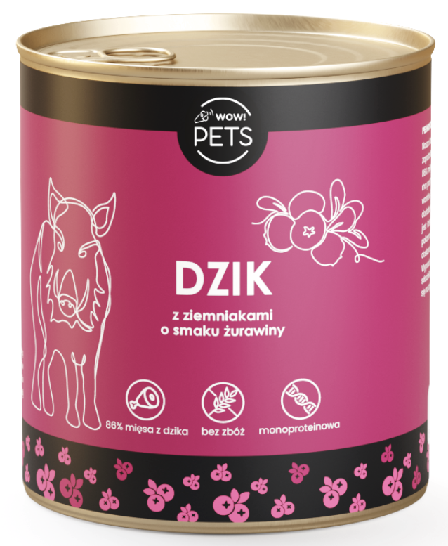 WOW!Pets Karma mokra PSY Monobiałkowa DZIK Ziemniak Żurawina 86% mięsa 850g