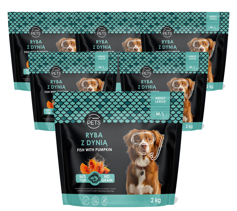 WOW!Pets Bez zbóż, Monobiałkowa Ryba Dynia 10kg Karma Pies dorosły rasa M/L