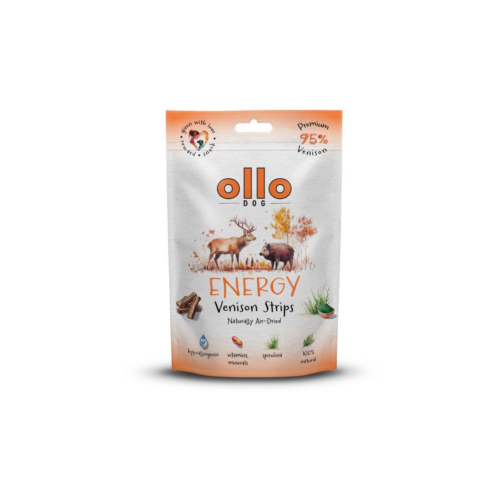 Ollo Air Dried Energy Venison Strips Przysmaki Energetyczne dla psów Dziczyzna 80g