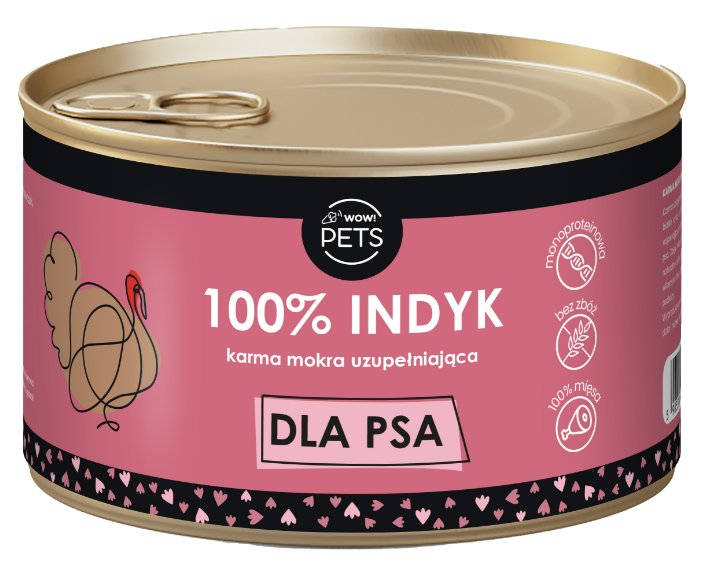 WOW!Pets Karma mokra uzupełniająca PSY Monobiałkowa INDYK 100% mięsa 410g