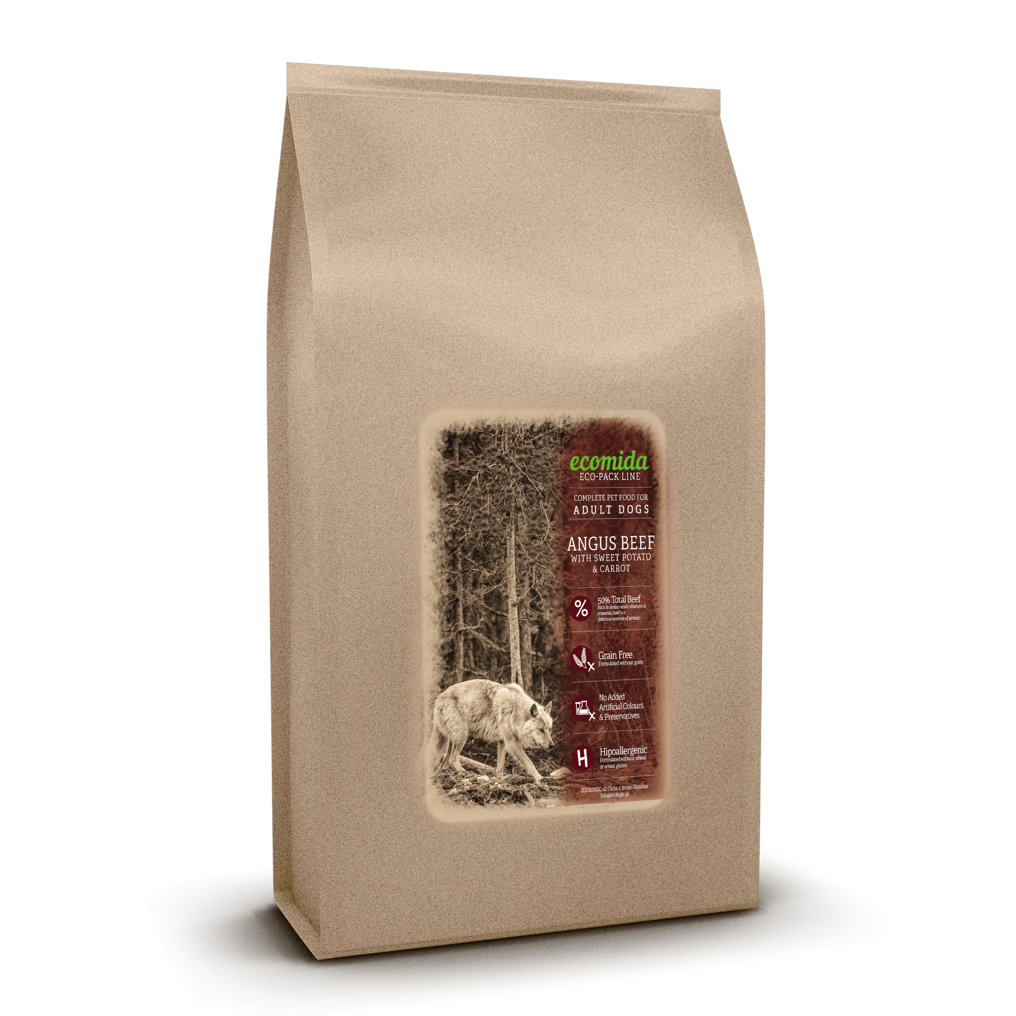 Ecomida Bez Zbóż Hypoallergenic Monobiałko Angus Beef 15kg Sucha Karma Psy