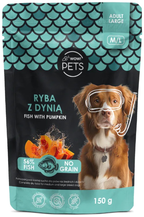 WOW!Pets Bez zbóż Monobiałko Ryba Dynia 150g Trenerki Pies dorosły rasa M/L